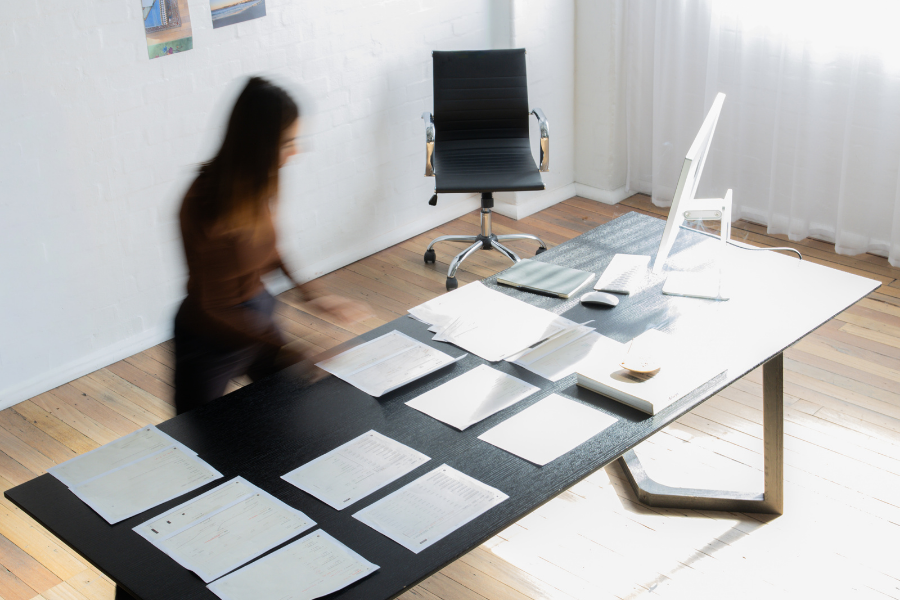 Documents laid out in a design studio